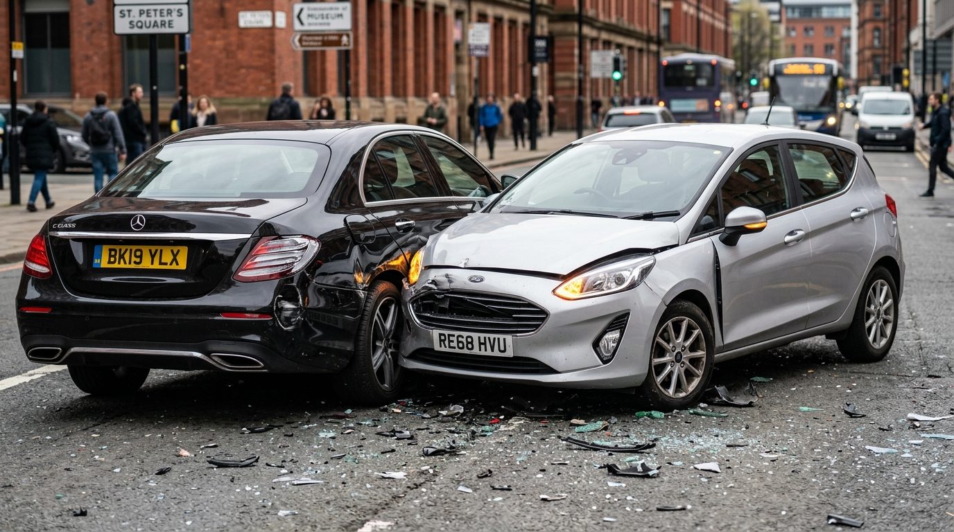 Two cars involved in a road traffic accident collision on a UK street